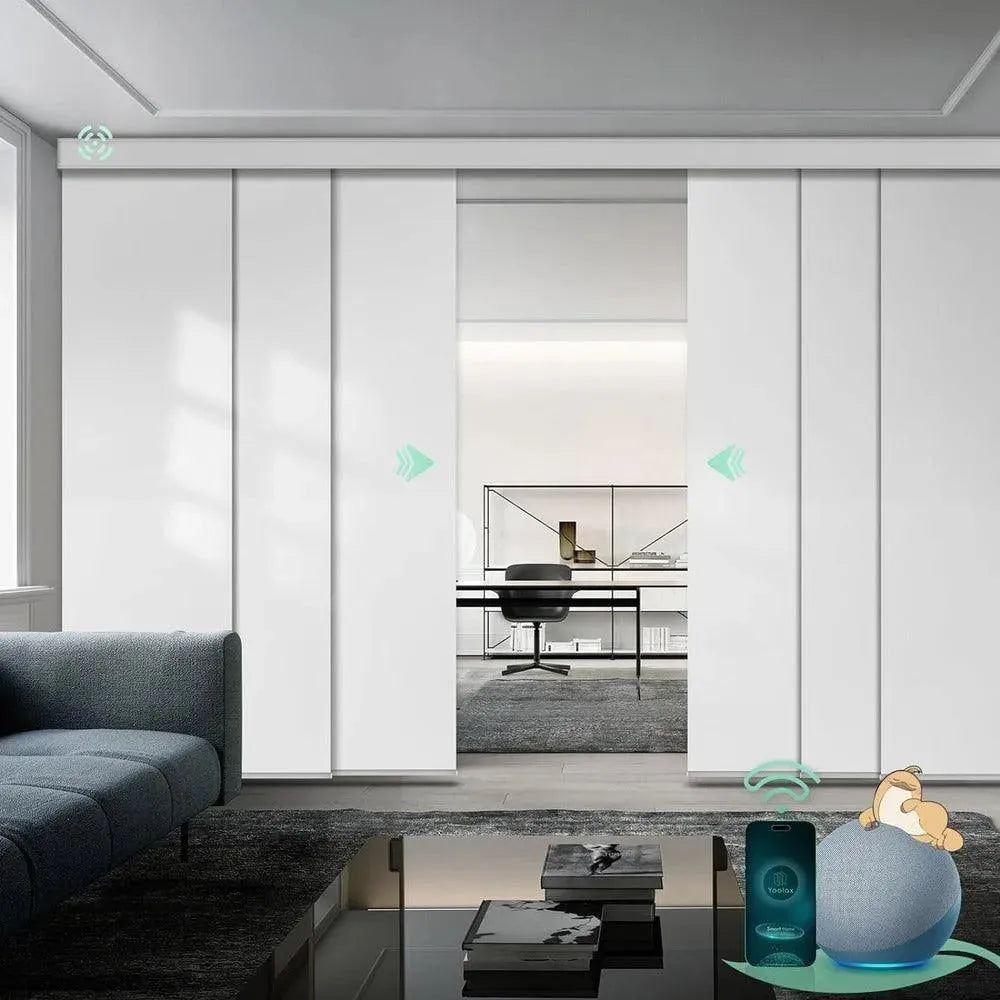 Motorized blackout panel track blinds in pure white with hardwired motor, ideal for sliding doors and wide windows.