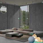 Motorized blackout panel track blinds in fabric dark grey with rechargeable motor, ideal for sliding doors and wide windows.