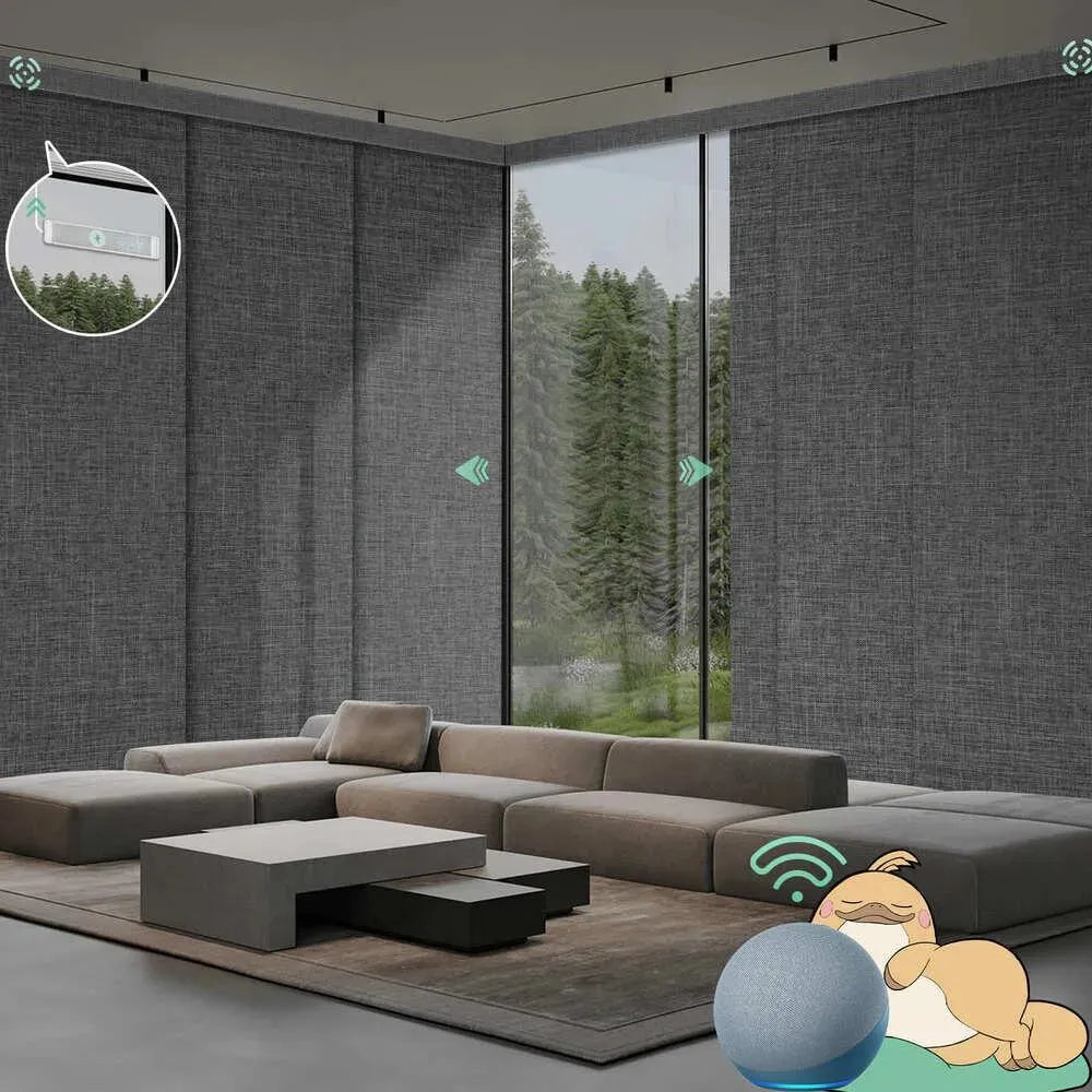 Motorized blackout panel track blinds in fabric dark grey with rechargeable motor, ideal for sliding doors and wide windows.