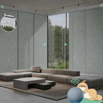Motorized blackout panel track blinds in fabric smoky grey with rechargeable motor, ideal for sliding doors and wide windows.