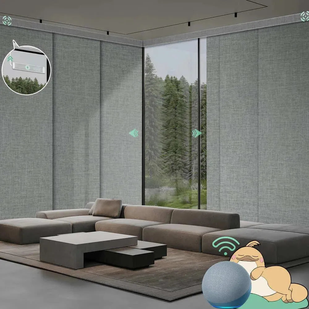 Motorized blackout panel track blinds in fabric smoky grey with rechargeable motor, ideal for sliding doors and wide windows.