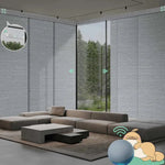 Motorized blackout panel track blinds in foggy grey with rechargeable motor, ideal for sliding doors and wide windows.