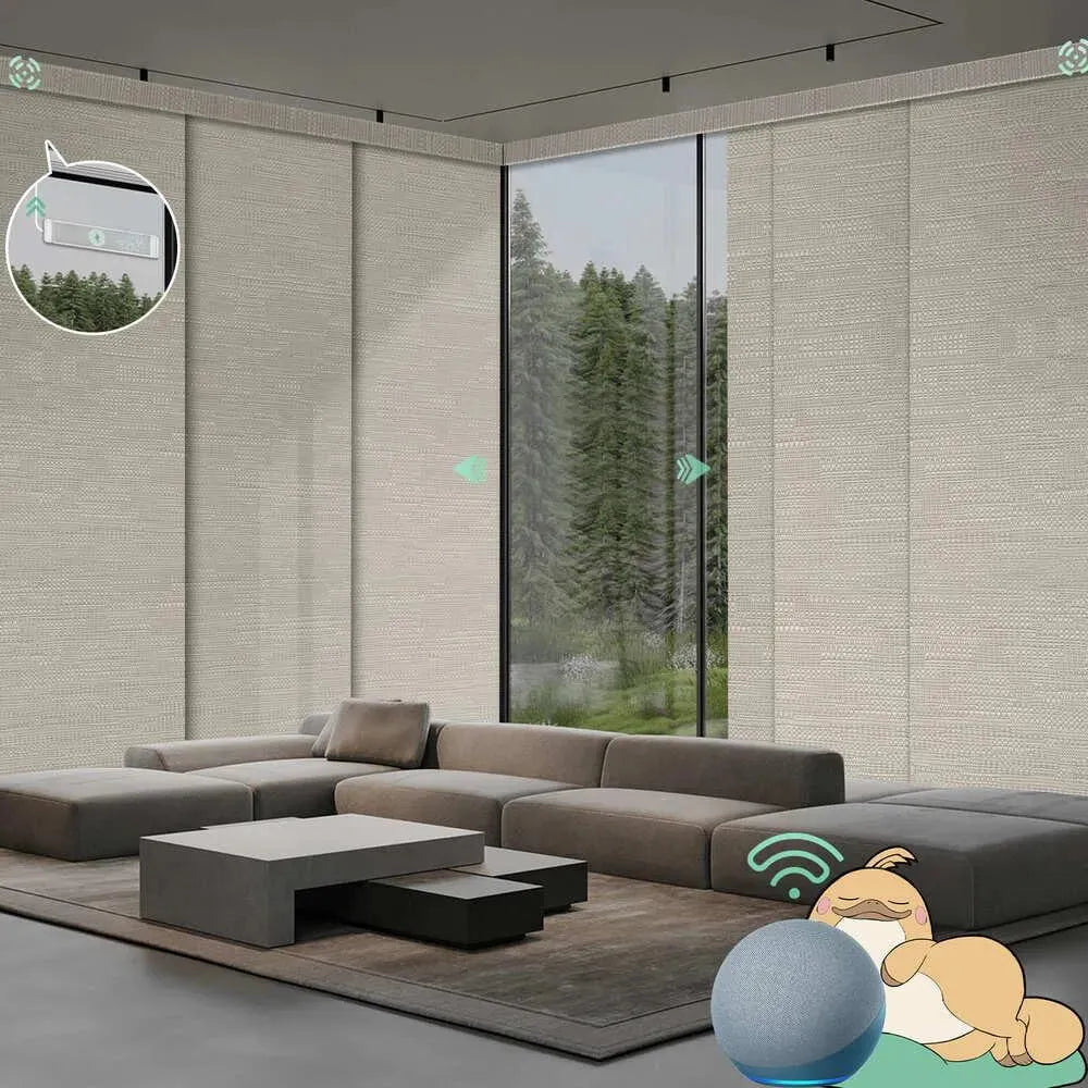 Motorized blackout panel track blinds in jacquard coffee with rechargeable motor, ideal for sliding doors and wide windows.