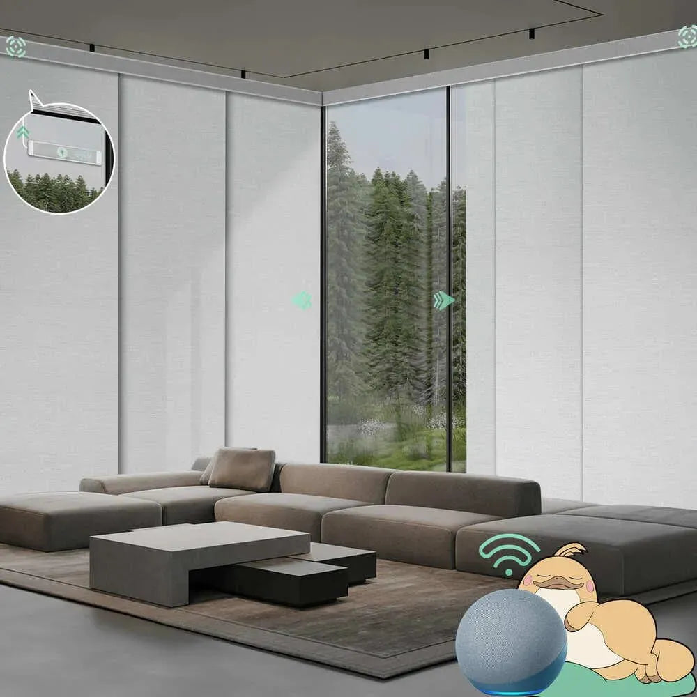 Motorized blackout panel track blinds in jacquard white with rechargeable motor, ideal for sliding doors and wide windows.