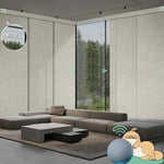Motorized blackout panel track blinds in linen beige with rechargeable motor, ideal for sliding doors and wide windows.
