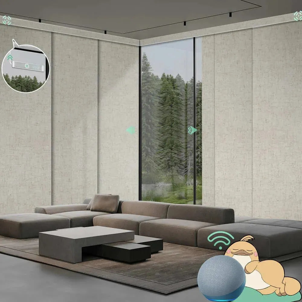 Motorized blackout panel track blinds in linen beige with rechargeable motor, ideal for sliding doors and wide windows.