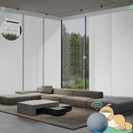 Motorized blackout panel track blinds in pure white with rechargeable motor, ideal for sliding doors and wide windows.