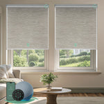 Motorized blackout roller shades with Cloud Pearl, delivering full light blockage and enhanced privacy