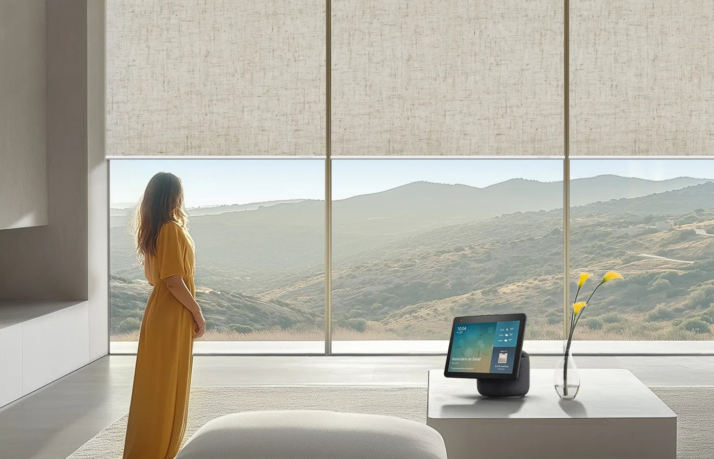Motorized blackout roller shades with smart control, including remote access, scheduling, and custom routines for added convenience and comfort.
