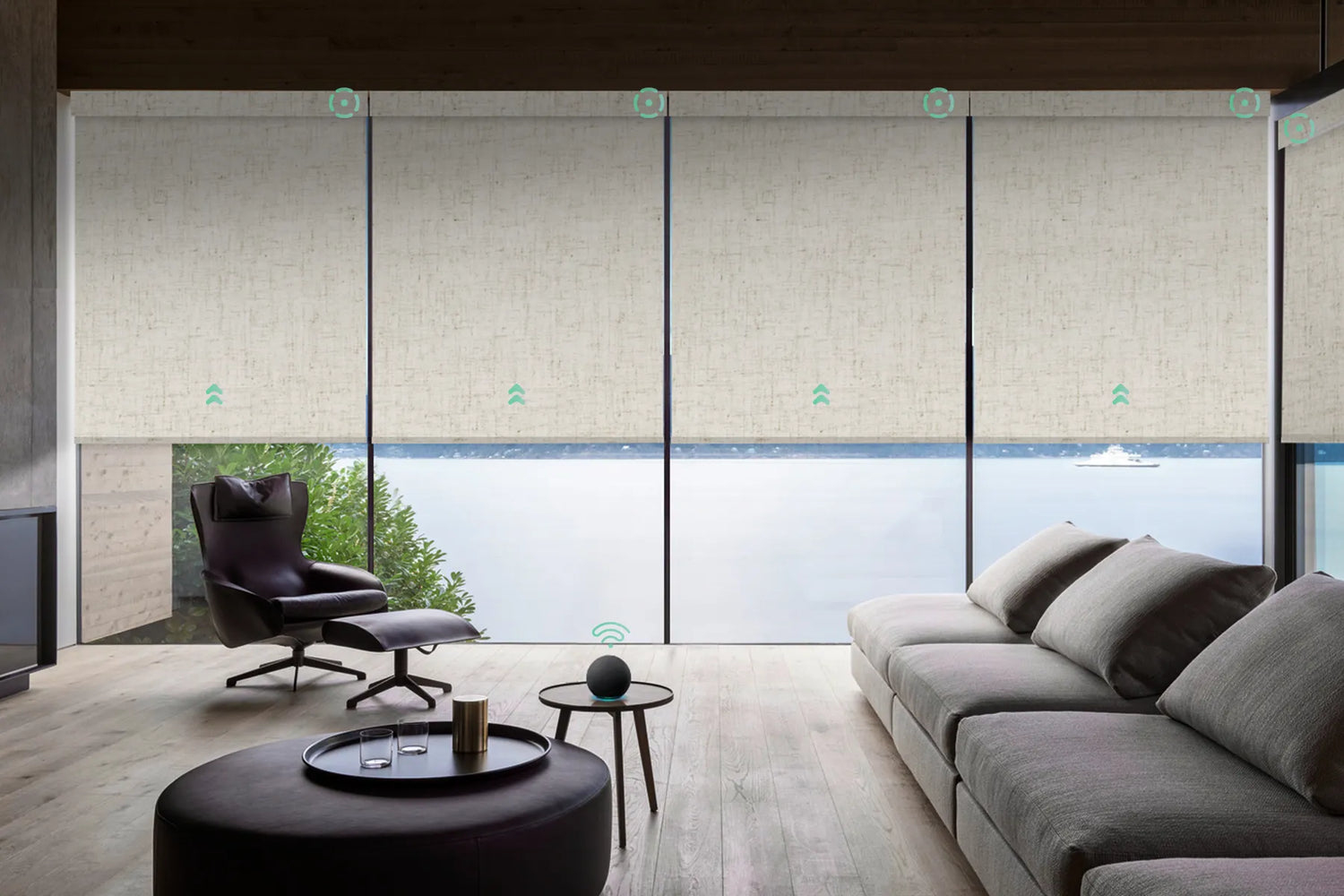 Linen beige motorized blackout roller shades in the living room, controllable by voice and able to operate multiple shades simultaneously.