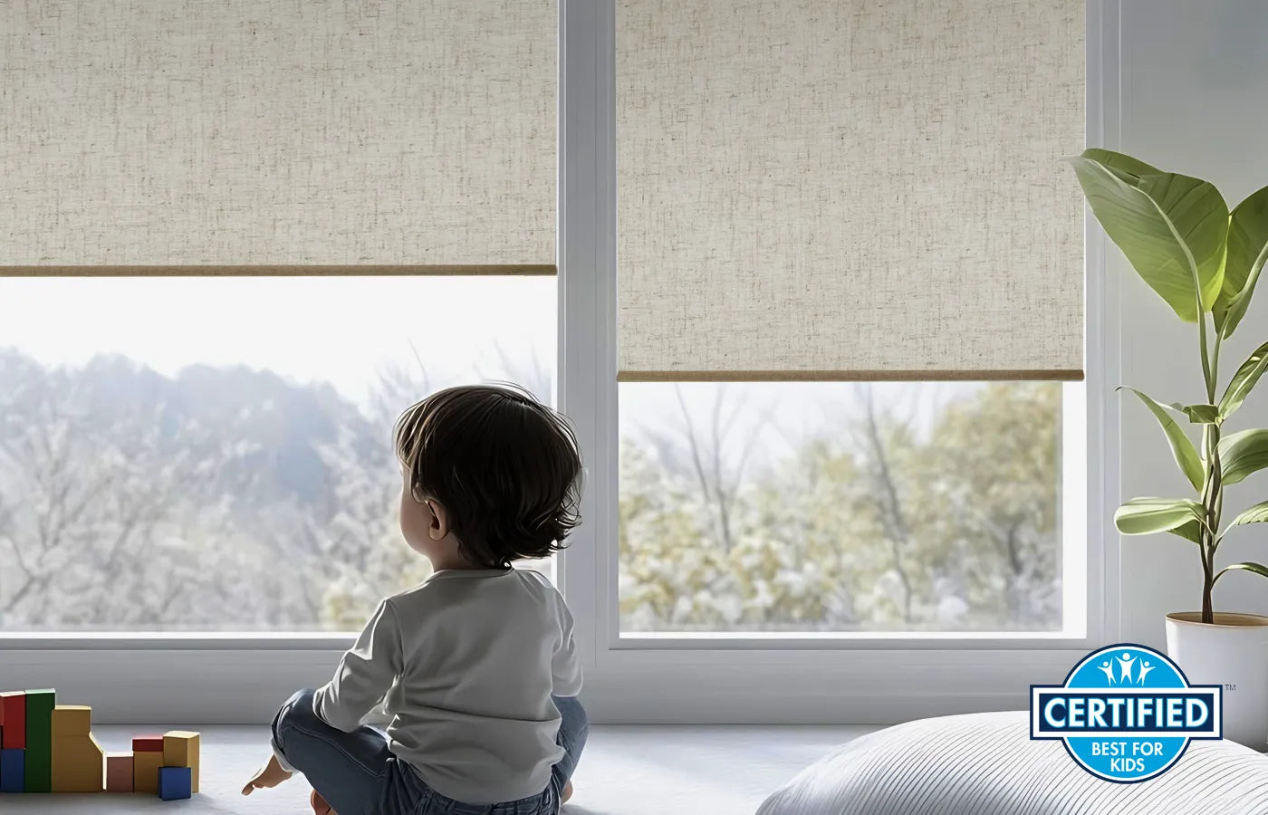 Cordless design for motorized blackout roller  shades, safe for homes with children and pets, eliminating pull cord entanglement risk.