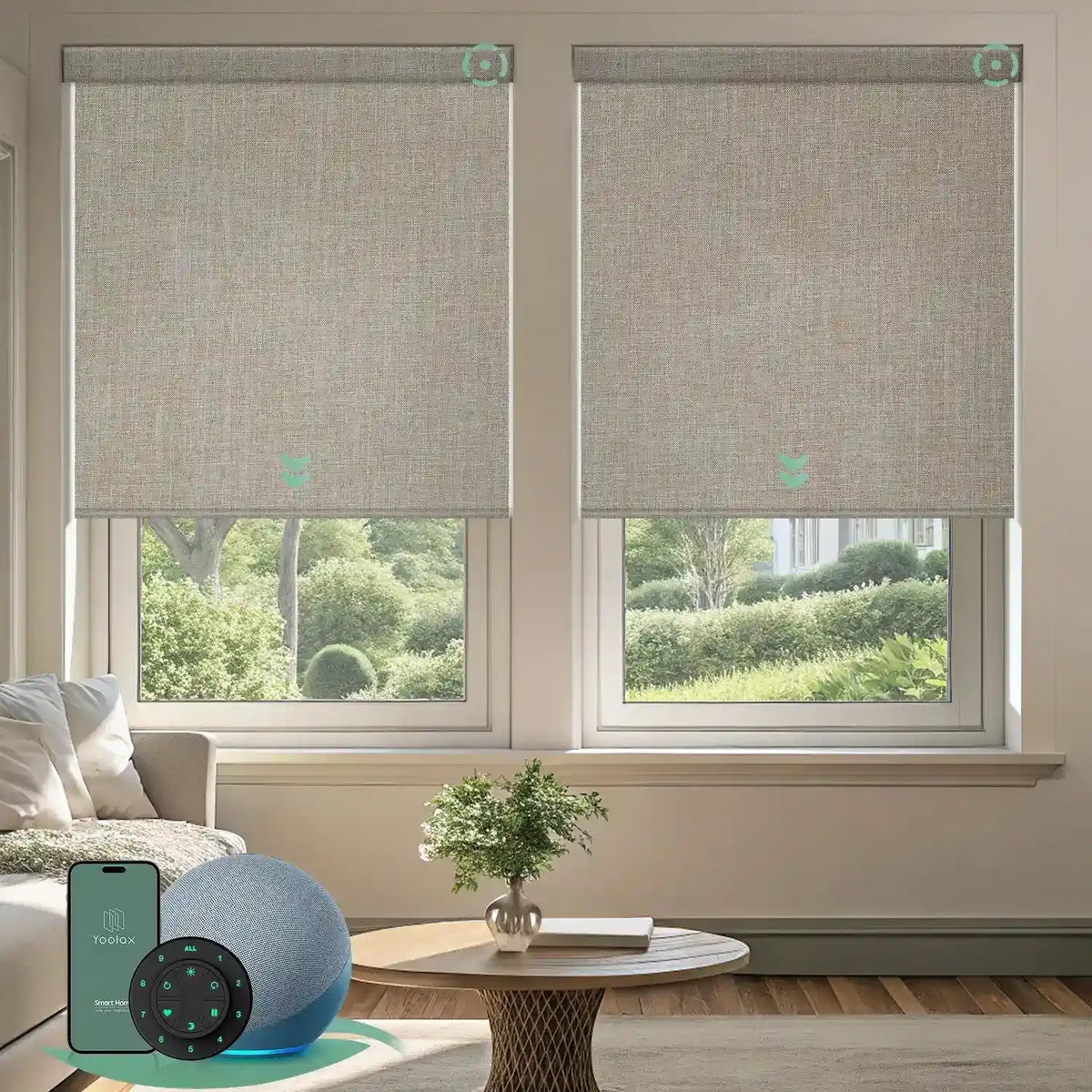 Motorized blackout roller shades with beige fabric, delivering full light blockage and enhanced privacy