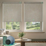 Motorized blackout roller shades with beige fabric, delivering full light blockage and enhanced privacy