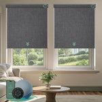 Motorized blackout roller shades with dark grey fabric, delivering full light blockage and enhanced privacy