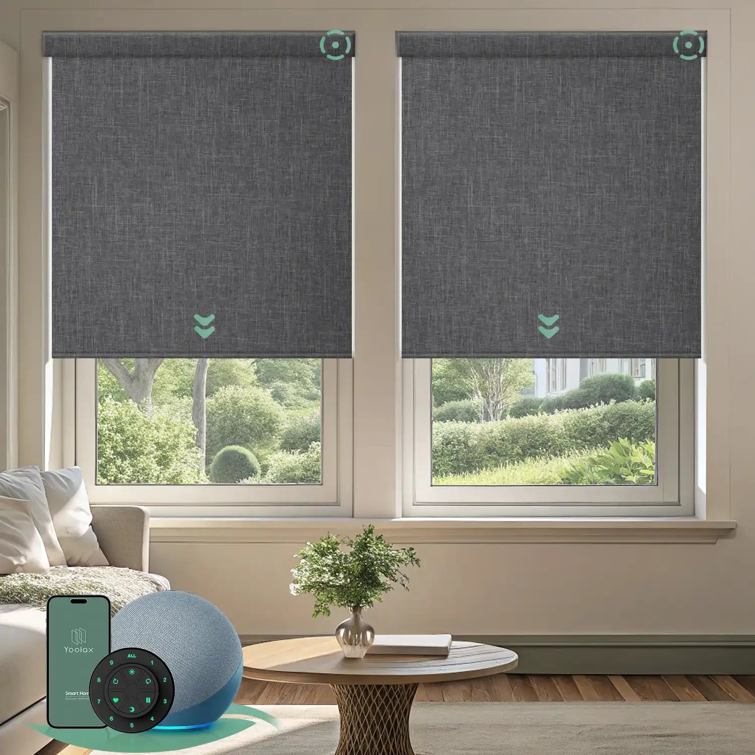 Motorized blackout roller shades with dark grey fabric, delivering full light blockage and enhanced privacy