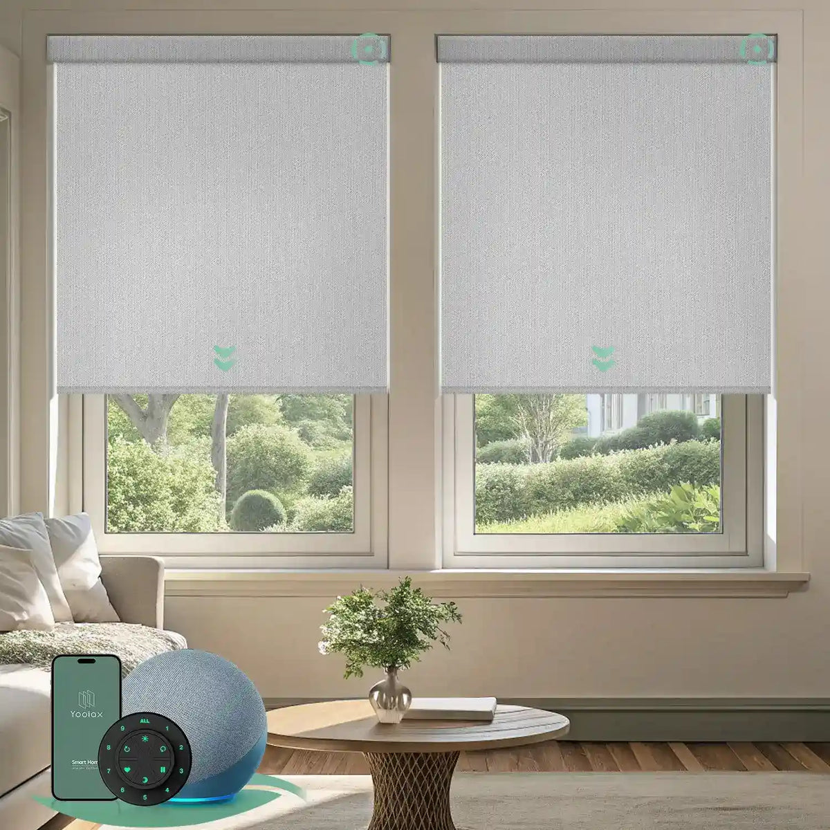Motorized blackout roller shades with greyish white fabric, delivering full light blockage and enhanced privacy