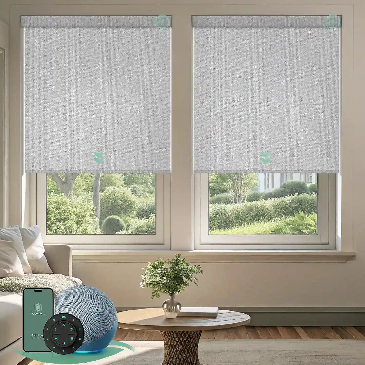Motorized blackout roller shades with greyish white fabric, delivering full light blockage and enhanced privacy