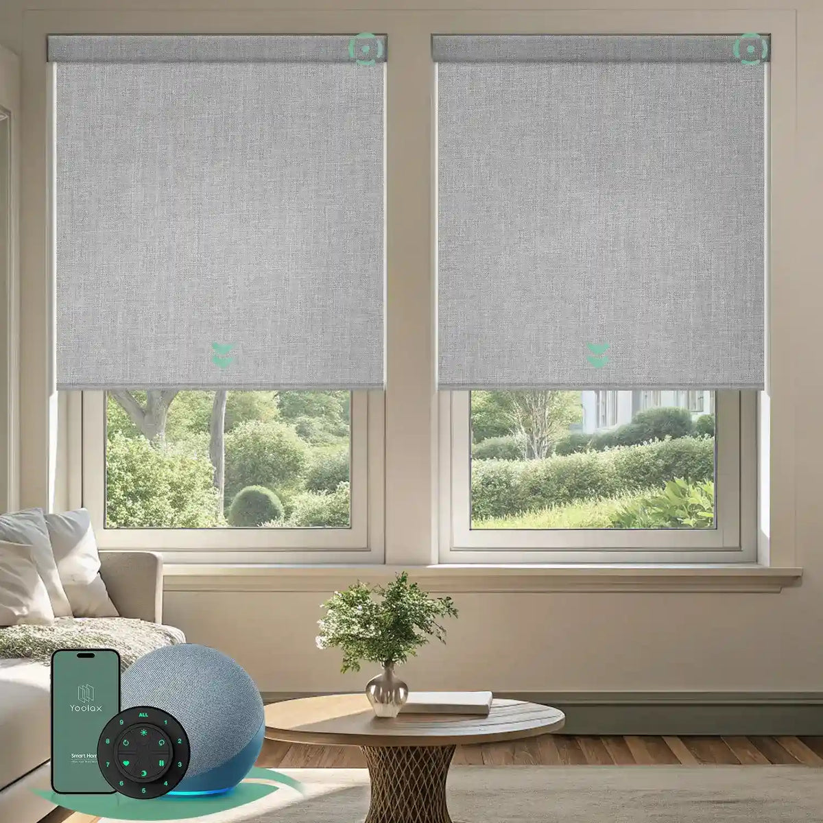 Motorized blackout roller shades with light grey fabric, delivering full light blockage and enhanced privacy
