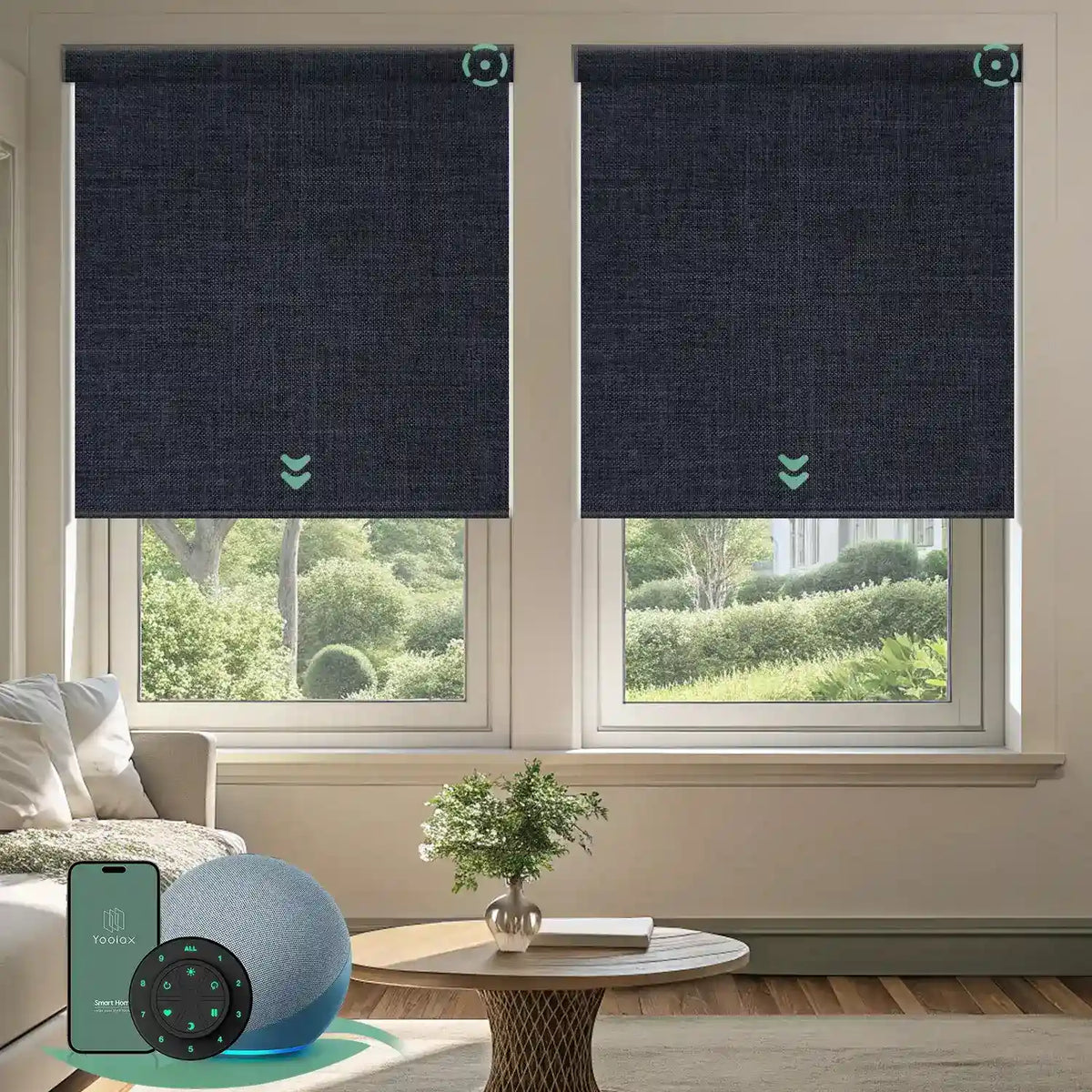 Motorized blackout roller shades with navy blue fabric, delivering full light blockage and enhanced privacy