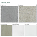 Texture series motorized blackout roller shades fabric samples — Jacquard White, Linen Beige, Foggy Grey, Jacquard Coffee, Pure White.