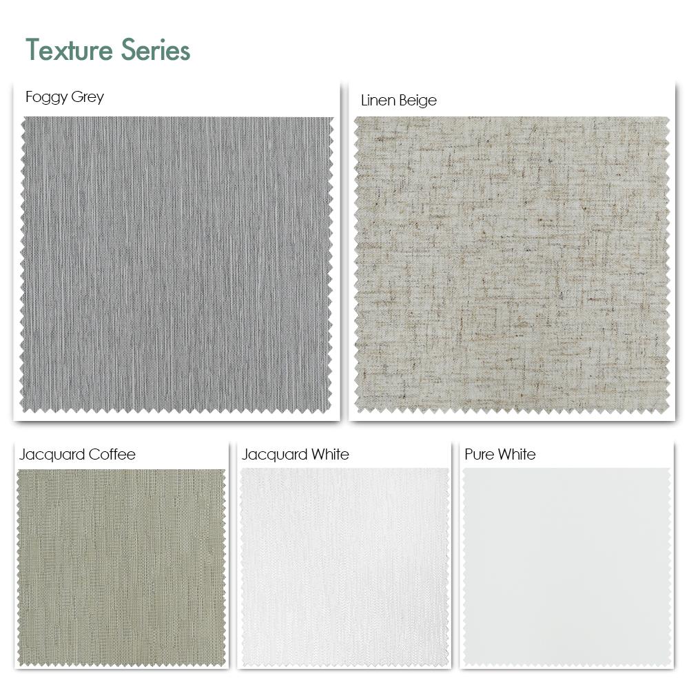 Texture series motorized blackout roller shades fabric samples — Jacquard White, Linen Beige, Foggy Grey, Jacquard Coffee, Pure White.