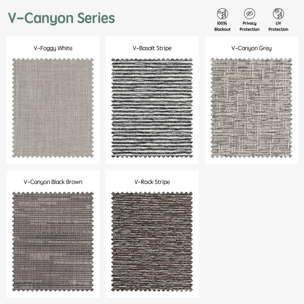 V-canyon series motorized blackout roller shades fabric samples — Foggy White, Basalt Stripe, Grey, Black Brown, Rock Stripe.