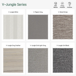 V-Jungle series motorized blackout roller shades fabric samples — White, Pigeon Grey, Wood Stripe, Grey Feather,  Grid Light Grey, Grid Black.