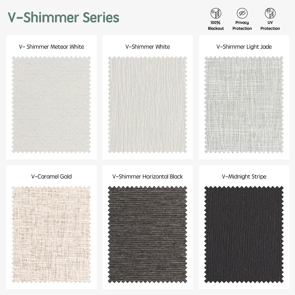 V-shimmer series motorized blackout roller shades fabric samples — Meteor White, White, Light Jade, Caramel Gold, Horizontal Black, Midnight Stripe.