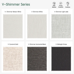 V-shimmer series motorized blackout roller shades fabric samples — Meteor White, White, Light Jade, Caramel Gold, Horizontal Black, Midnight Stripe.