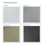 Waterproof series motorized blackout roller shades fabric samples — Vinyl White, Vinyl Light Grey, Vinyl Light Coffee, Vinyl Dark Grey.