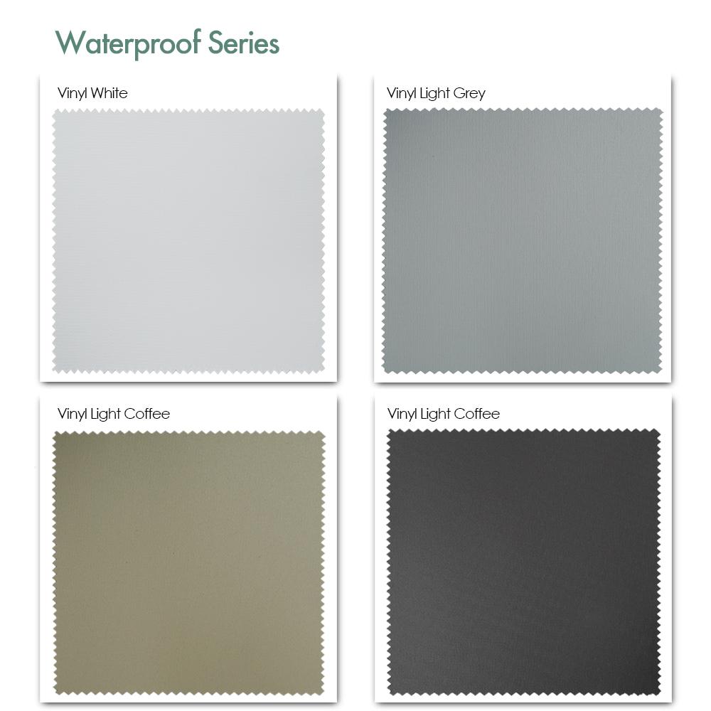 Waterproof series motorized blackout roller shades fabric samples — Vinyl White, Vinyl Light Grey, Vinyl Light Coffee, Vinyl Dark Grey.