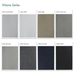 Weave series motorized blackout roller shades fabric samples — Greyish White, White, Smoky Grey, Dark Grey, Light Gray, Beige, Navy Blue, Black.