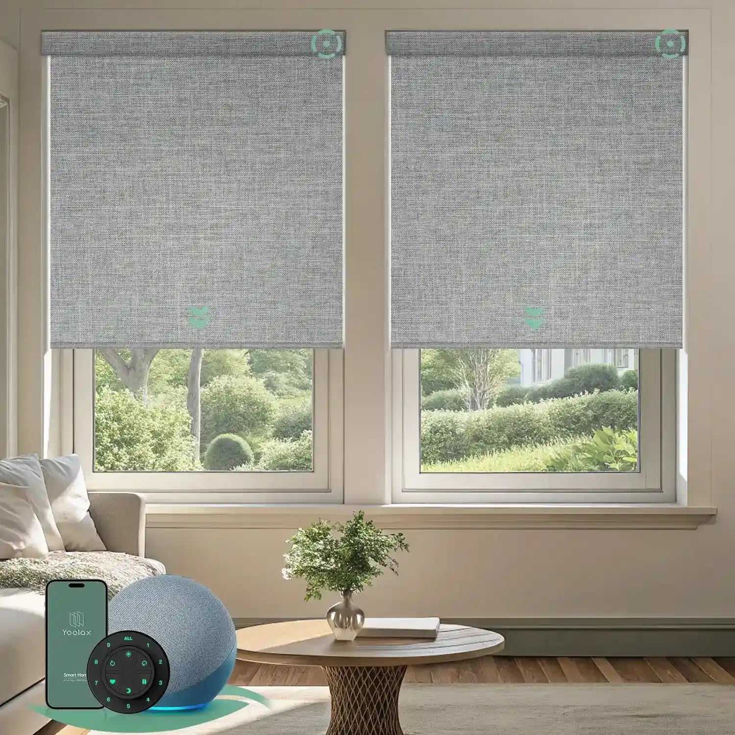 Motorized blackout roller shades with smokey grey fabric, delivering full light blockage and enhanced privacy