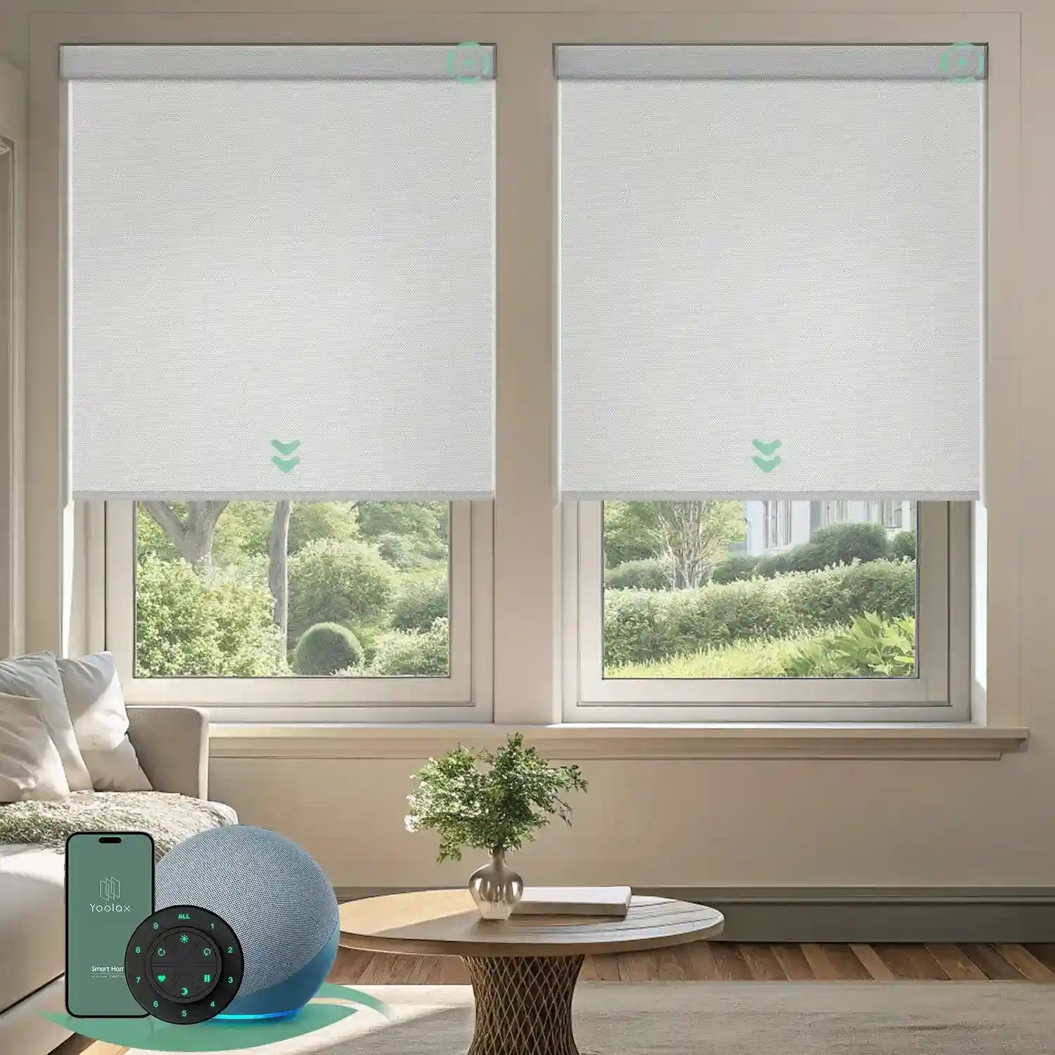 Motorized blackout roller shades with white fabric, delivering full light blockage and enhanced privacy