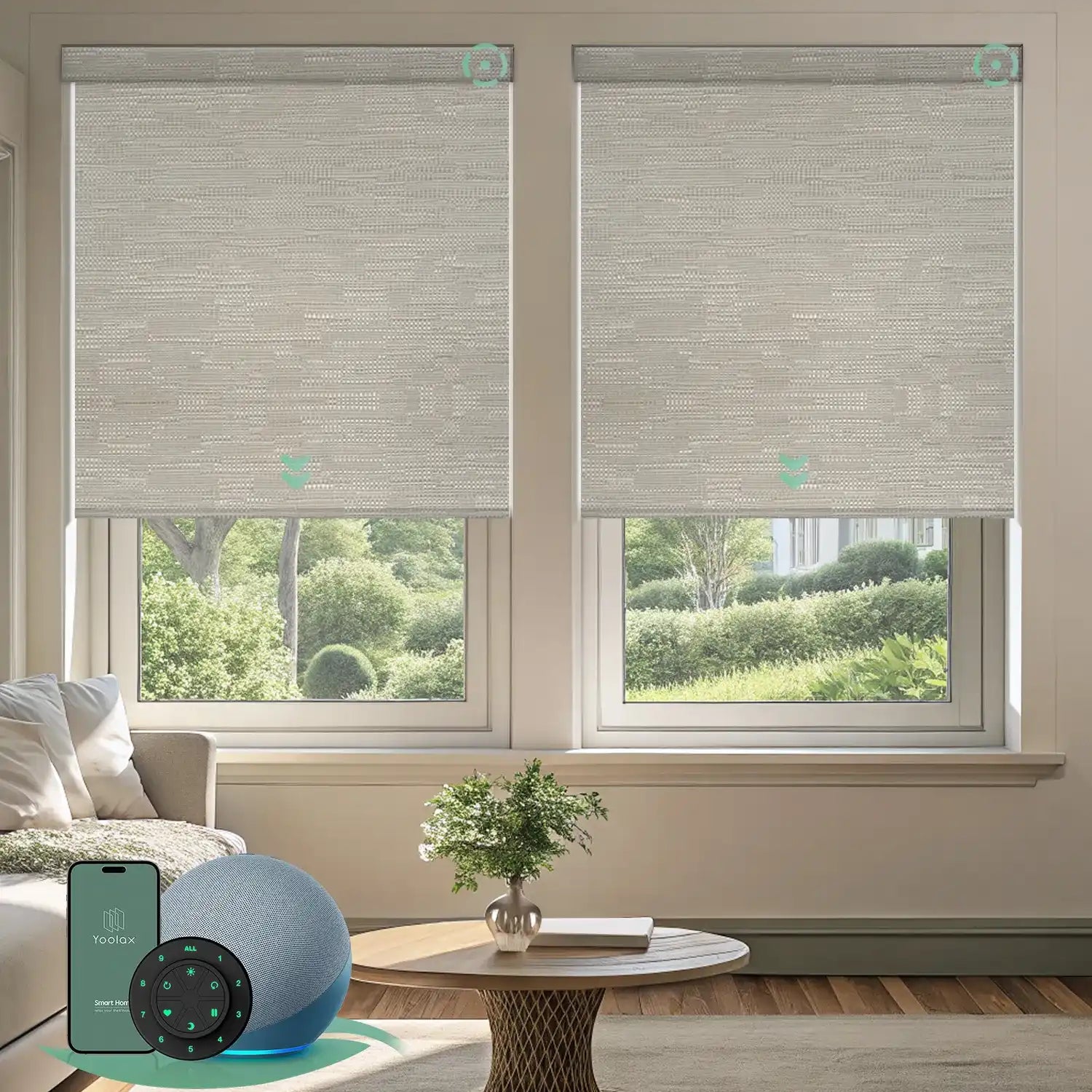 Motorized blackout roller shades with jacquard coffee fabric, delivering full light blockage and enhanced privacy