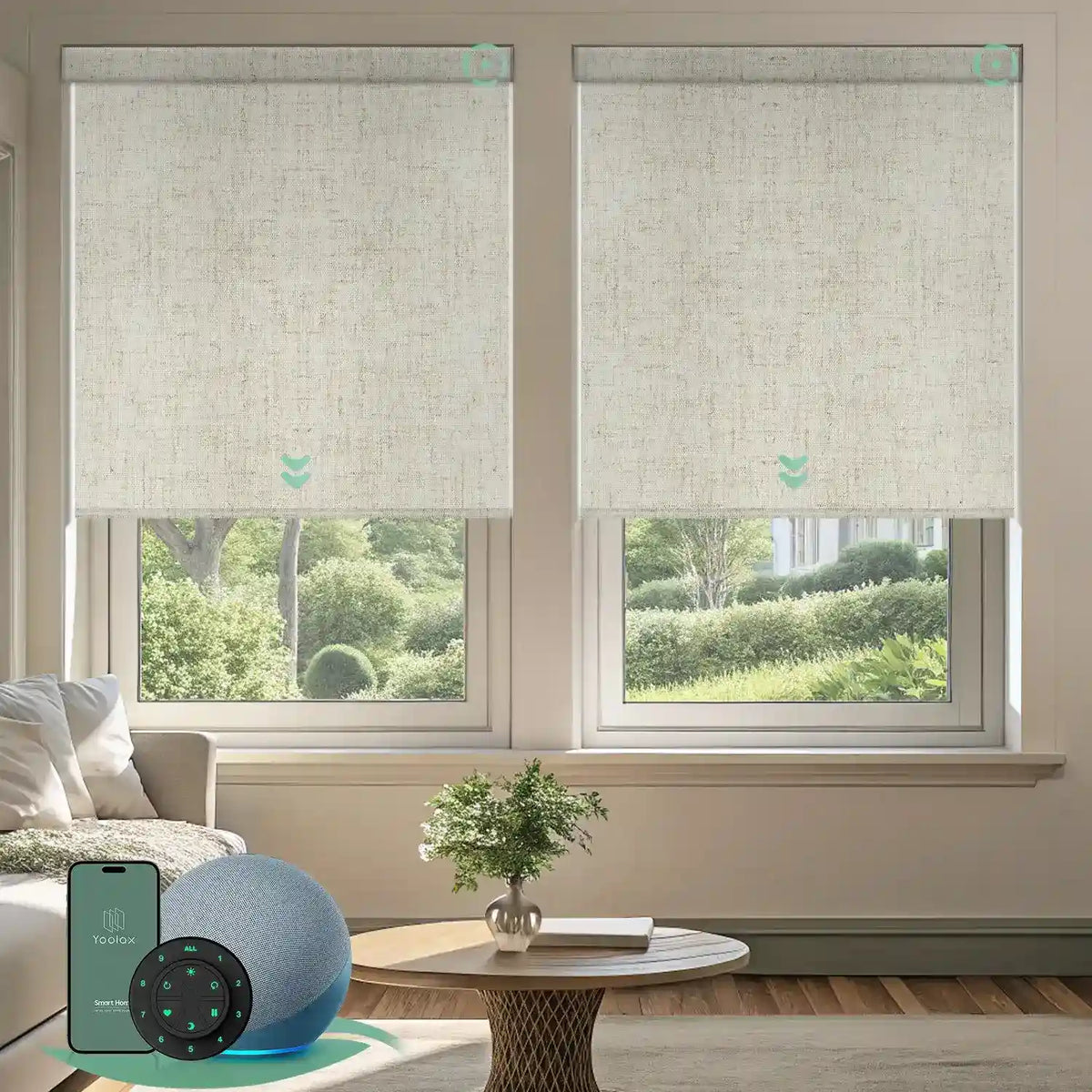 Motorized blackout roller shades with vinyl-linen beige fabric, delivering full light blockage and enhanced privacy