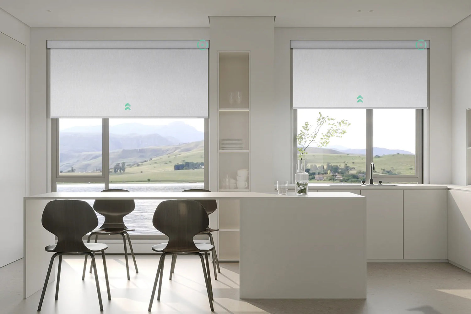 V-Shimmer white motorized blackout roller shades in the kitchen, controllable by voice and able to operate multiple shades simultaneously.