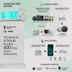 Motor is compatible with the Alexa ecosystem or APP and is powered by rechargeable batteries or solar panels