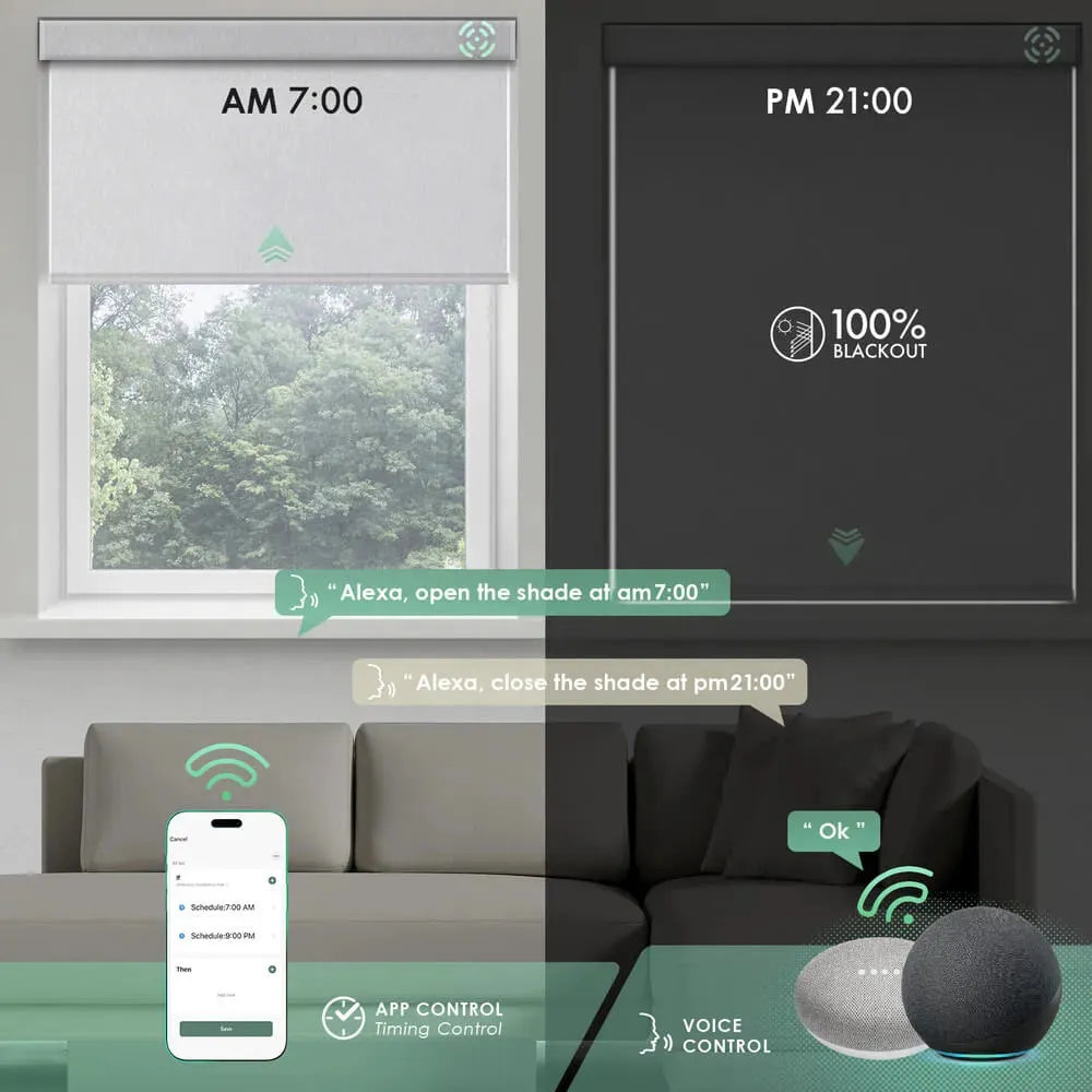 Motorized roller shades with voice control, app control , and timer functions
