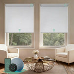 Motorized blackout roller shades V Series with V-Shimmer Meteor White fabric for precise light control and full light blockage