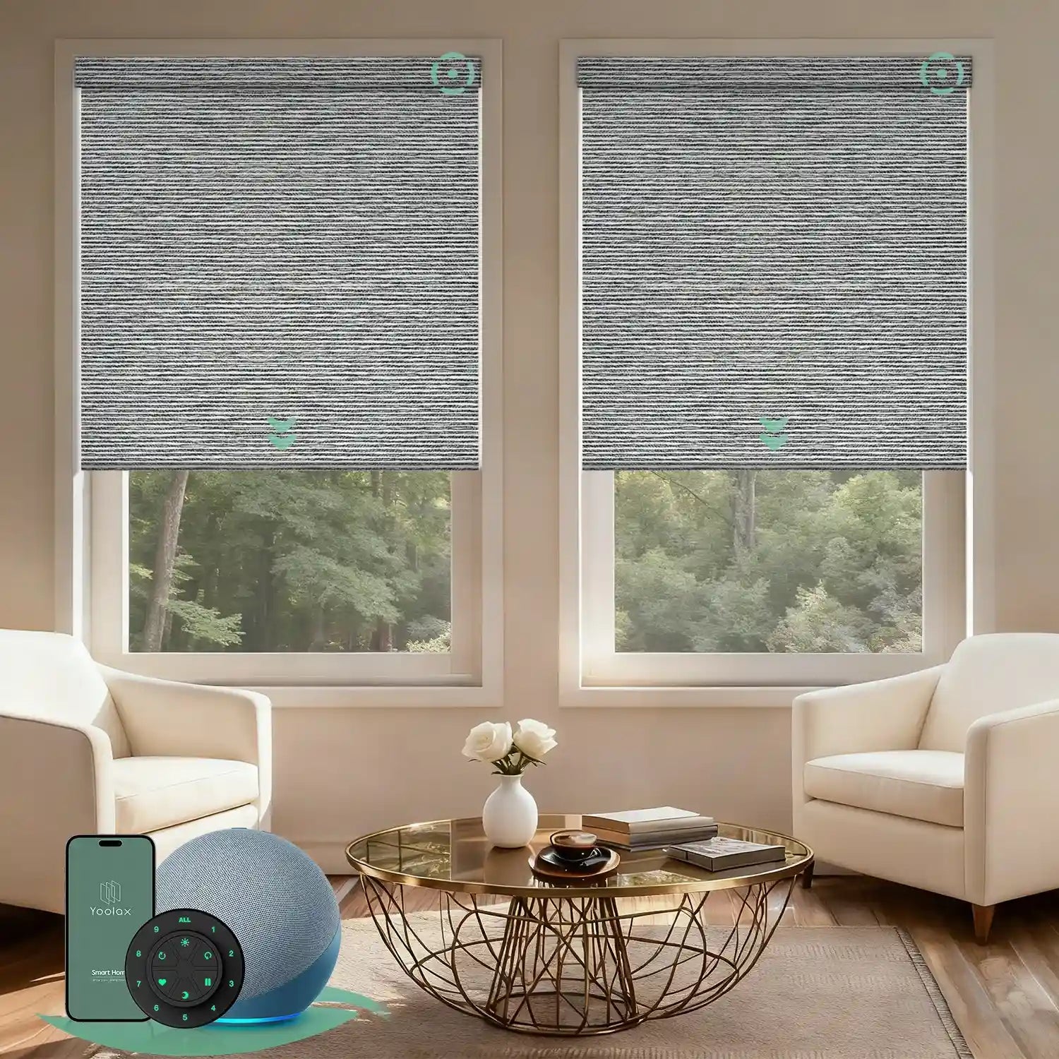 Motorized blackout roller shades V Series with V-Basalt Stripe fabric for precise light control and full light blockage