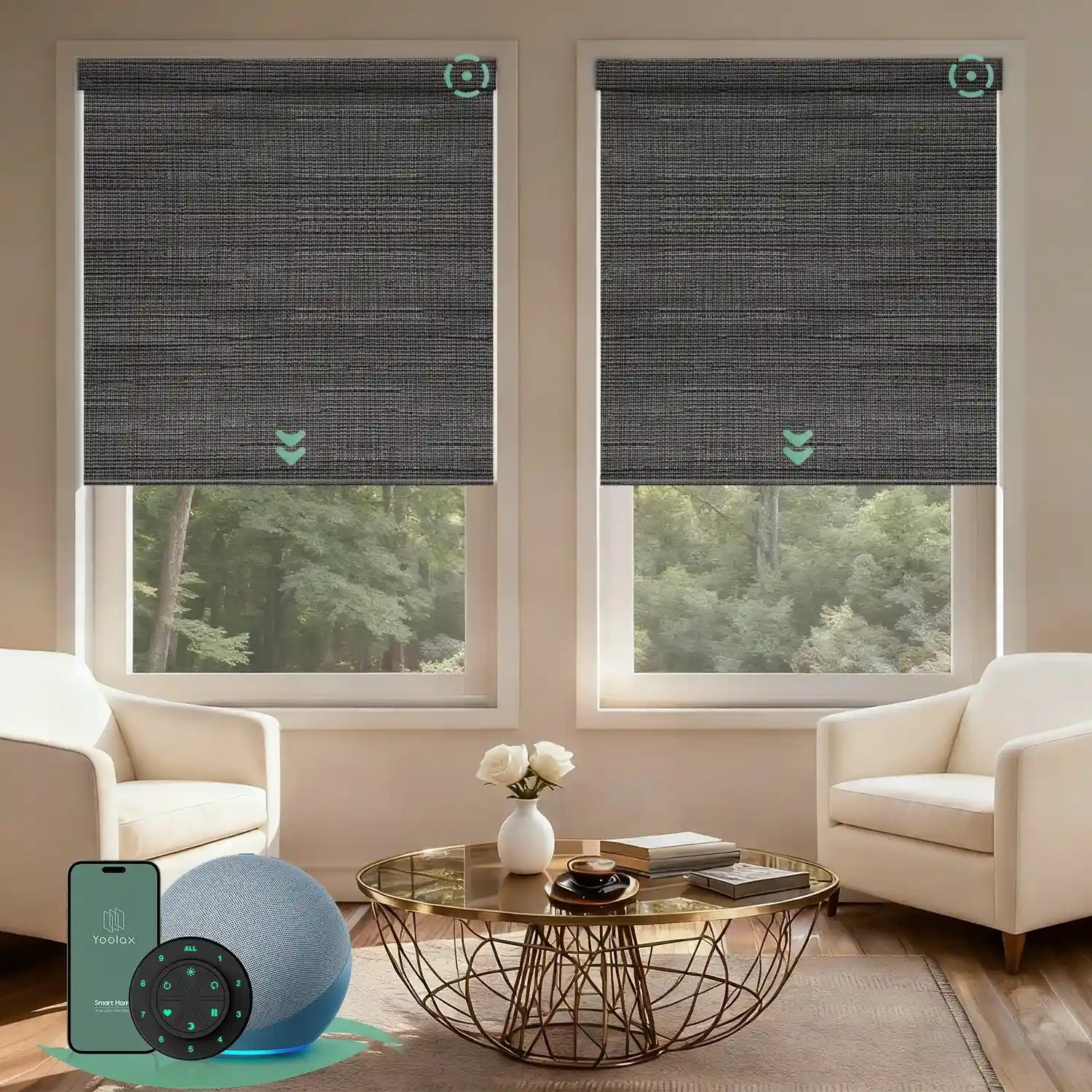 Motorized blackout roller shades V Series with V-Canyon Black Brown fabric for precise light control and full light blockage