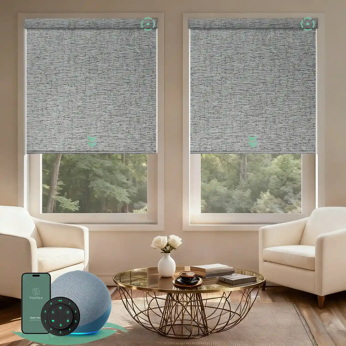 Motorized blackout roller shades V Series with V-Canyon Grey fabric for precise light control and full light blockage