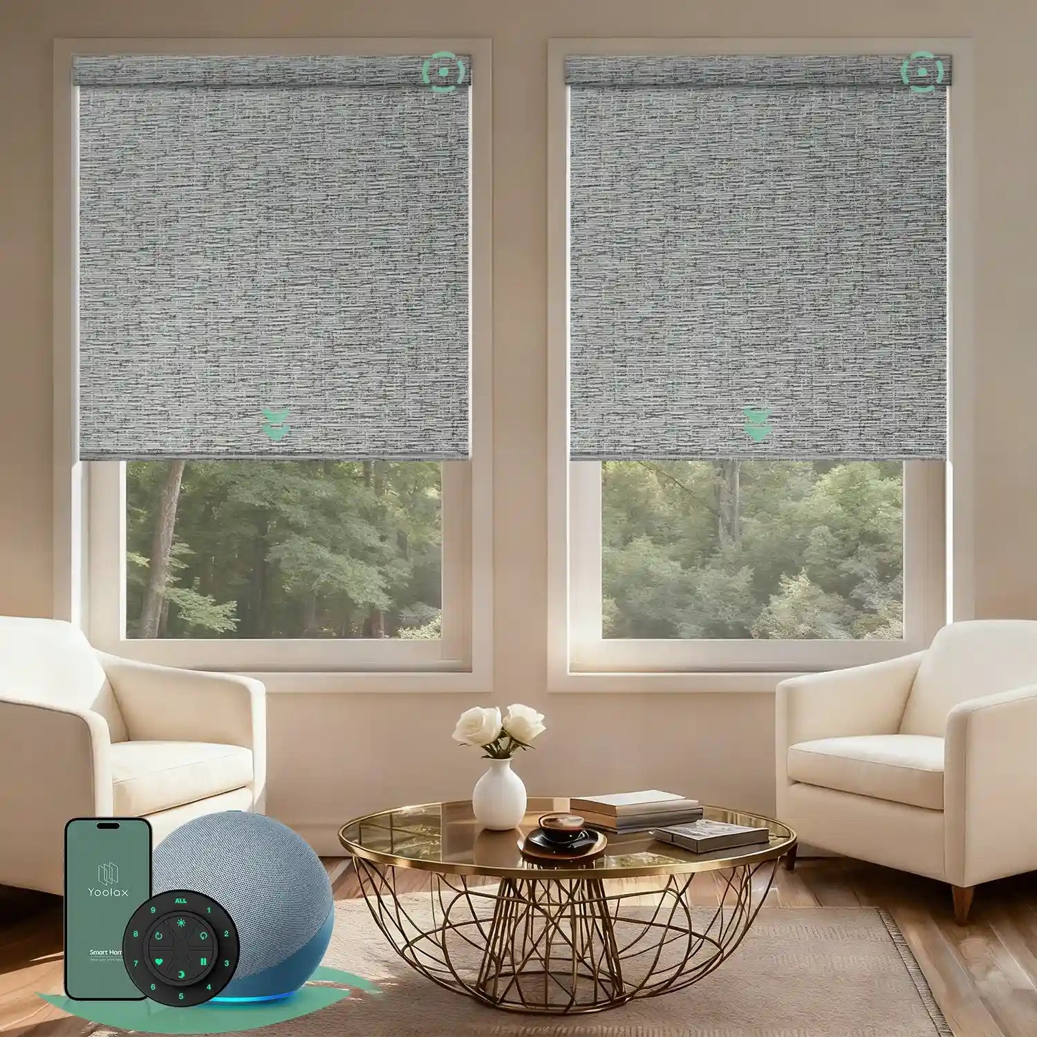 Motorized blackout roller shades V Series with V-Canyon Grey fabric for precise light control and full light blockage