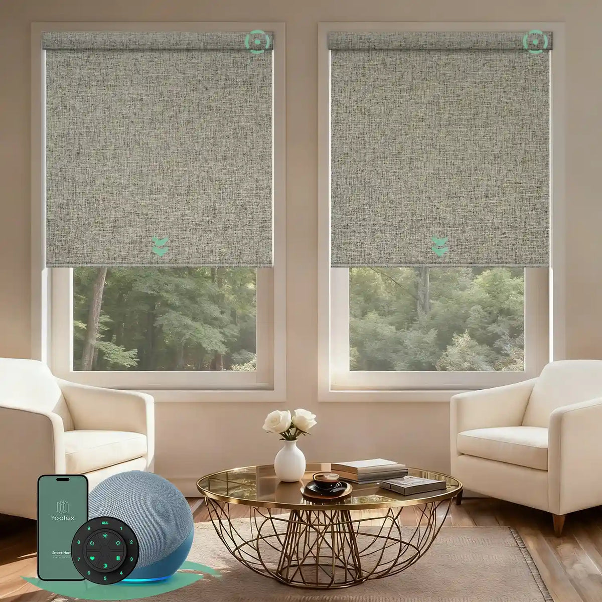 Motorized blackout roller shades V Series with V-Caramel Gold fabric for precise light control and full light blockage