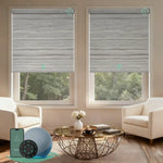 Motorized blackout roller shades V Series with V-Jungle Grey Feather fabric for precise light control and full light blockage