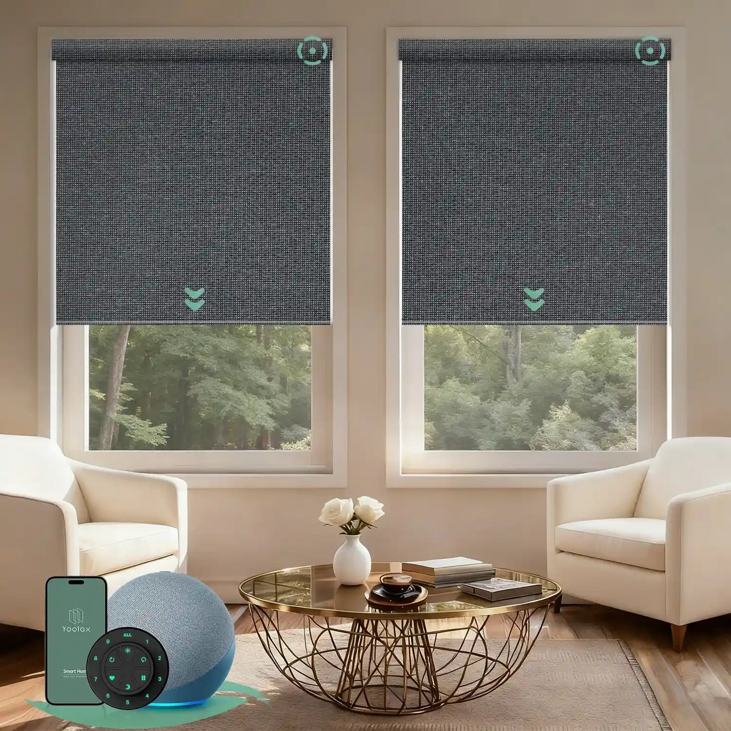 Motorized blackout roller shades V Series with V-Jungle Grid Black fabric for precise light control and full light blockage