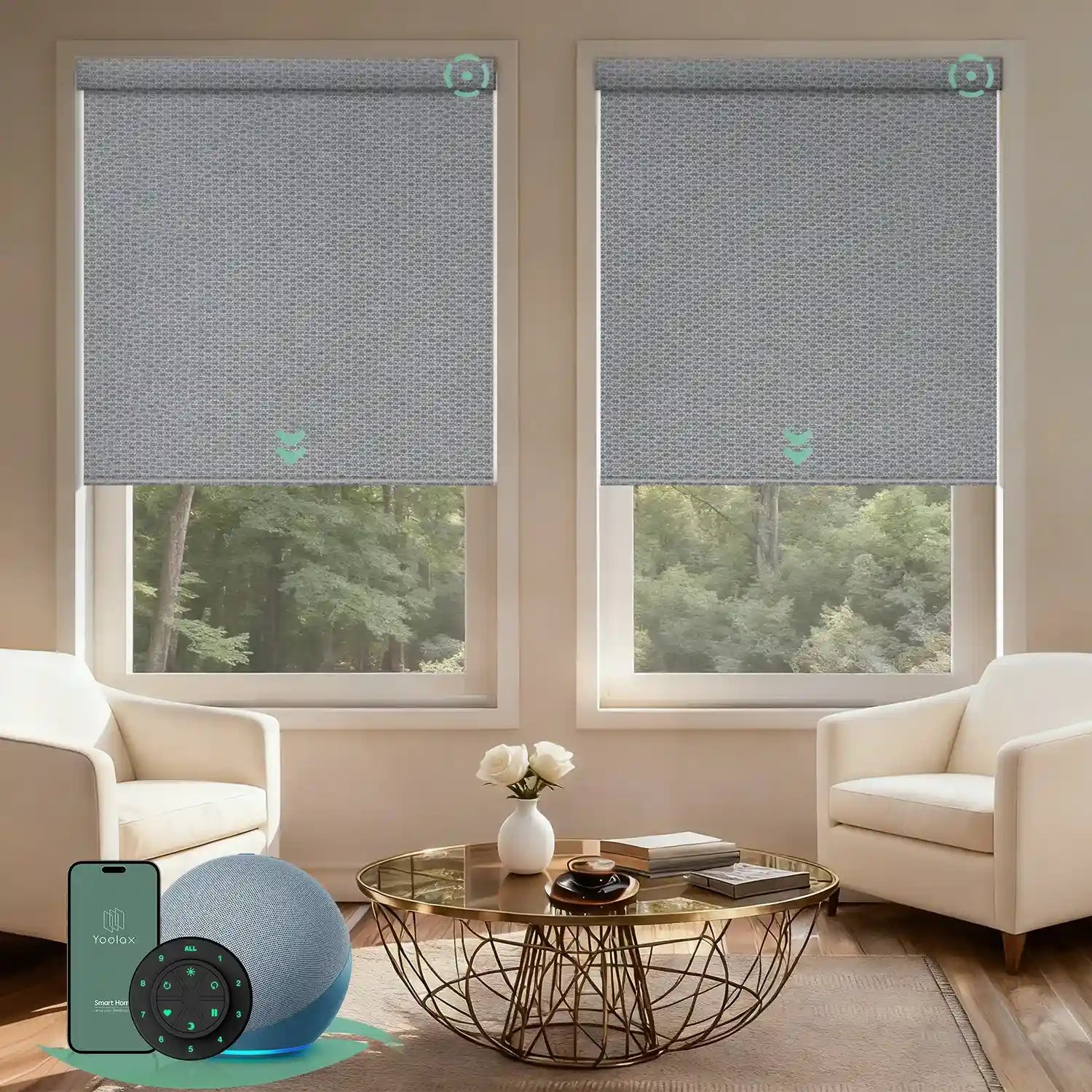 Motorized blackout roller shades V Series with V-Jungle Grid Light Gray fabric for precise light control and full light blockage
