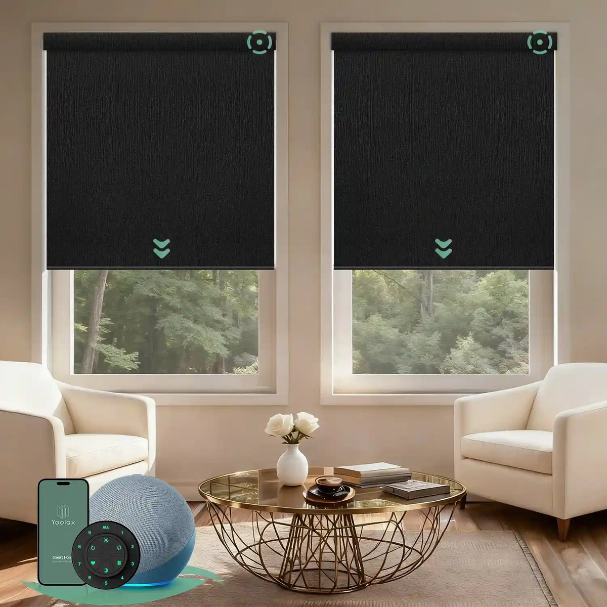 Motorized blackout roller shades V Series with V-Midnight Stripe fabric for precise light control and full light blockage