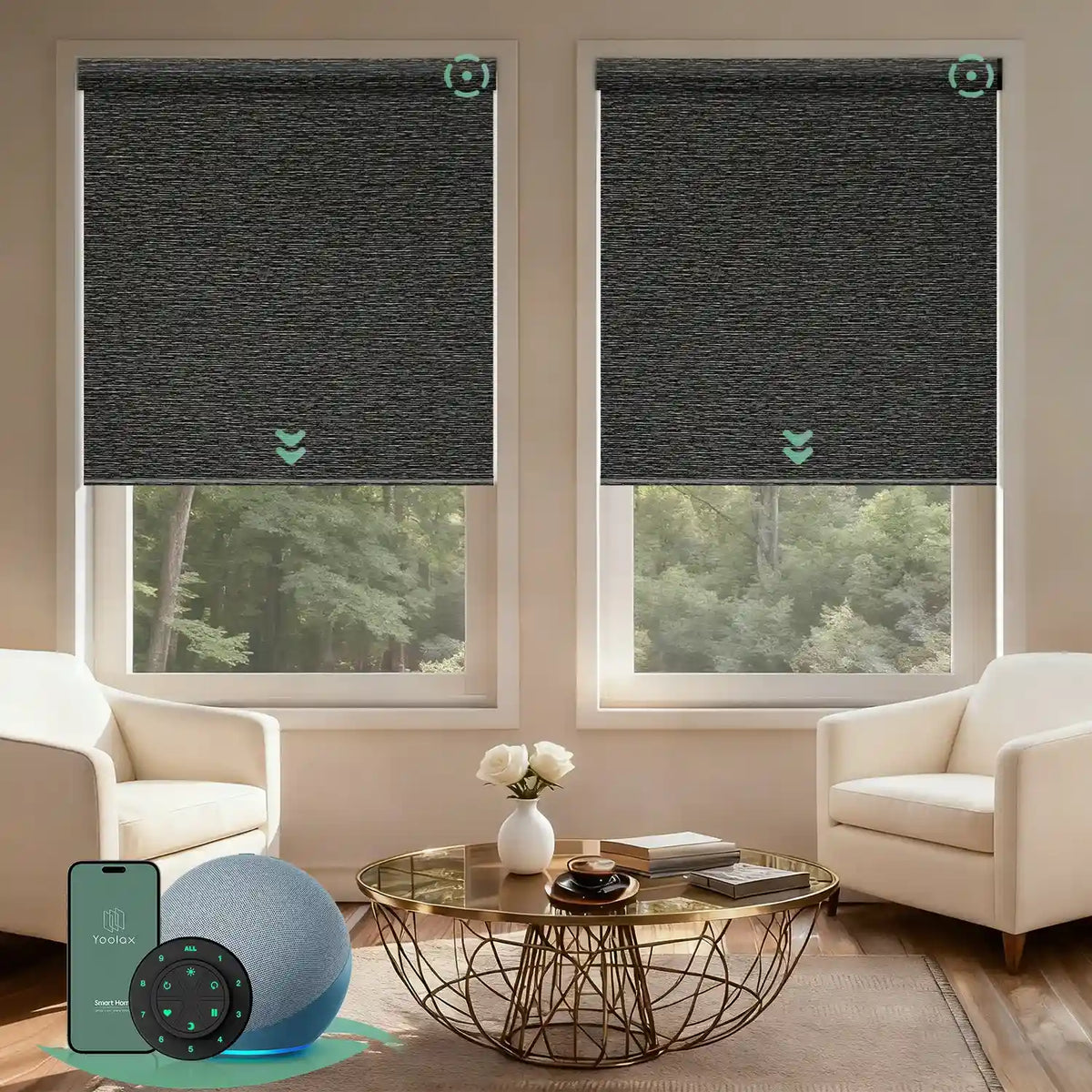 Motorized blackout roller shades V Series with V-Shimmer Horizontal Black fabric for precise light control and full light blockage